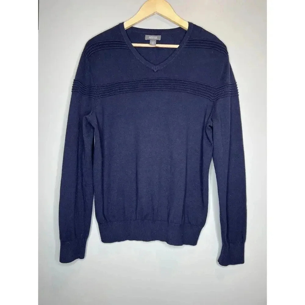 Kenneth Cole Reaction Mens Ribbed Striped V Neck Sweater Pullover Blue Sz Large